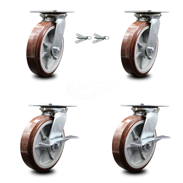 8 Inch Polyurethane Swivel Caster Swivel Locks 2 Brakes, 2PK